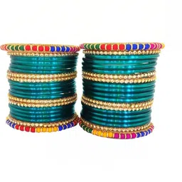 AMSHA Set Of 10 Turquoise Blue Glass Artificial Stones & Beads Bangle image 2