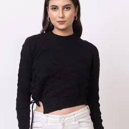 GFO Women Cable Knit Striped Woollen Pullover-image-3