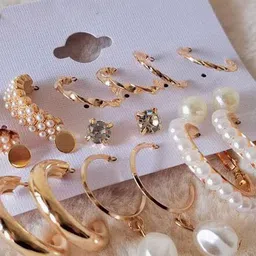 PolluxCraft Set Of 9 Korean Gold Plated Stones Studded And Beaded Half Hoop Earrings-image-50