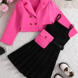YK Girls Black Strappy Dress & Fuchsia Jacket with Waist Pouch-picture-12