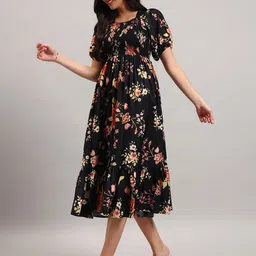 Raiyani Enterprise Floral Print Puff Sleeve Crepe A-Line Midi Dress-picture-33