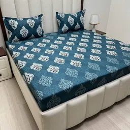 Pure Decor Passion fur Green & White Ethnic Cotton 350 TC Queen Bedsheet Set-2.28mX2.54m-image-64