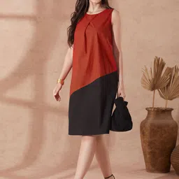 Globus Women Red Round Neck Colourblocked A-Line Knee Length Resort Dress-picture-41
