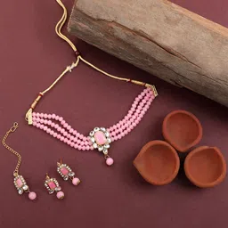 EVY Pink Crystal Artificial Beads Kundan Jewellery Set-picture-35