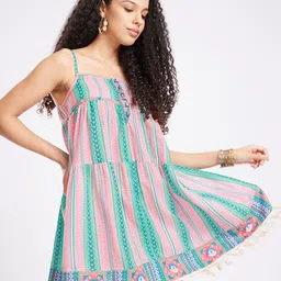 fusion by glitchez Ethnic Motifs Printed Shoulder Stripes Tassels Tiered A-Line Dress-image-33