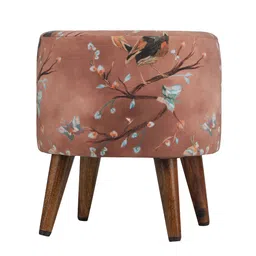 GLOBALLY INDIAN Set of 2 Brown & Blue Printed Wooden & Velvet Round Puff Ottomans image 5