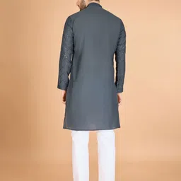 ODETTE Men Grey Viscose Silk Sequins Stitched Kurta image 5