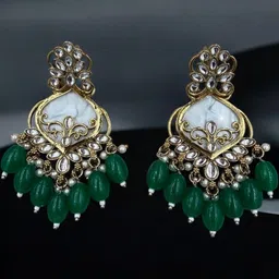 VINAARI Gold-Plated Kundan Studded & Artificial Beaded Geometric Drop Earrings-picture-10
