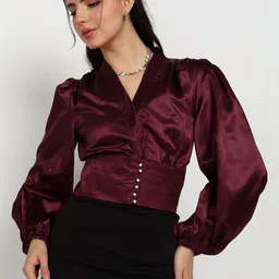 Asami Puff Sleeve Satin Wrap Crop Top-picture-13