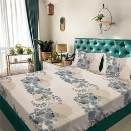 Arrabi Off White & Grey Floral 350 TC King Bedsheet with 2 Pillow Covers-picture-25