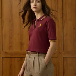 u.s. polo assn. Women Striped Polo Neck Pure Cotton Maroon T-Shirt image 5