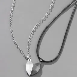 vs unique collections Broken Heart Magnetic Love Couple Locket Pendant With Clavicle Rope And Chain Silver Stainless Steel Pendant image 3