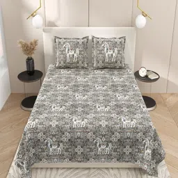 INDRA'S Grey & White Ethnic Motifs 160 TC King Bedsheet with 2 Pillow Covers-picture-33