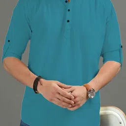 KNOWTED Mandarin Collar Roll-Up Sleeves Straight Short Kurta-image-72