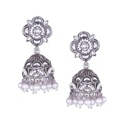 DIVASTRI Silver-Plated Artificial Stones Studded And Beaded Dome Shaped Oxidised Jhumkas image 4