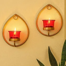 Homesake Gold-Toned & Red Set Of 2 Candle Holders-image-63