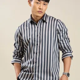 MARK & ALBERT Men India Slim Fit Vertical Striped Spread Collar Cotton Casual Shirt-picture-23