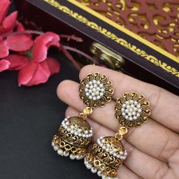 MEIRA JEWELLERY Gold Toned Artificial Stone Studded And Beaded Dome Shaped Jhumkas-picture-13