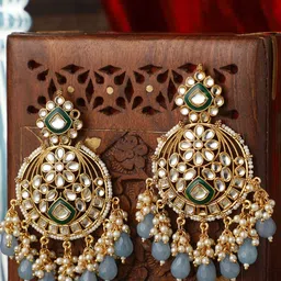 PATOLA BY VJ Gold Plated Stones Studded & Beaded Contemporary Shaped Drop Earrings-picture-24