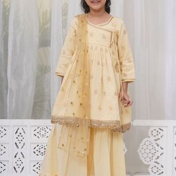 Little Bansi Girls Ethnic Motifs Printed Angrakha Sequinned Pure Cotton Kurta with Sharara & With Dupatta-picture-10
