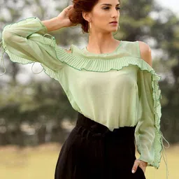 Moda Elementi Women Cold Shoulder Georgette Ruffled Regular Top image 1