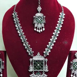 VATSALYA creation Alloy Silver Green Jewellery Set image 2