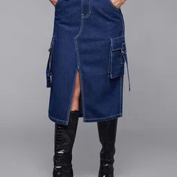 Miss Chase Women Pure Cotton Front Slit Midi Straight Skirt-image-40