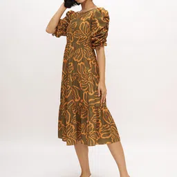 Aask Women's Mustard Printed Delta Crush Calf Length Fit and Flare Dress image 4