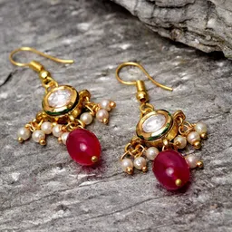 DUGRISTYLE Gold-Plated Kundan Studded Contemporary Drop Earrings-image-8