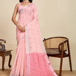 HEER FASHION Striped Zari Linen Cotton Saree with Digital Printed Work and Zari Border-picture-42