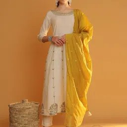 Tulsattva Floral Embroidered Regular Chanderi Cotton Anarkali Kurta With Trouser & Dupatta-image-15