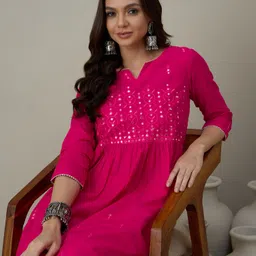 House of Pataudi Embroidered Mirror Work Notch Neck Pure Cotton A-Line Kurta With Trouser image 2