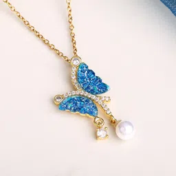 Estele Gold-Plated Artificial Stones Studded Feather Shaped Pendants With Chains-picture-10