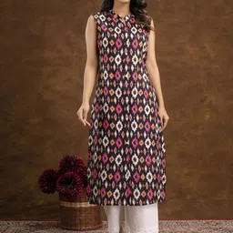 Mokshielite Geometric Printed Mandarin Neck Straight Kurta-image-25