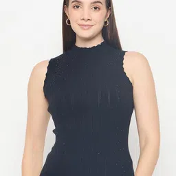 Madame Women Ribbed Embellished Mock Collar Pullover Sweaters-picture-25