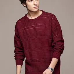 roadster Men Self Design Round Neck Maroon Sweater image 3