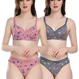 samvar Women Pink,Blue Cotton Bra Panty Set for Lingerie Set Undergarments Pack of 2-picture-16
