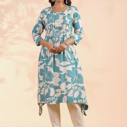 Vbuyz Women Floral Printed Pleated Pure Cotton Kurta with Trousers-picture-22