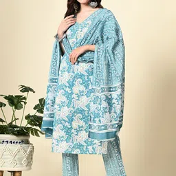 AVYCO Women Floral Printed Regular Pure Cotton Kurta with Trousers & With Dupatta image 4