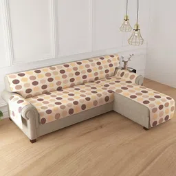 HOKIPO Brown Polka Dot Reversible 5 Seater Sofa Cover for L Shape with Securefit Belt-image-39