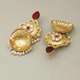 VIVAZS Gold-Plated Artificial Stones Studded And Beaded Dome Shaped Jhumkas image 3