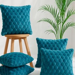 MFD HOME FURNISHING Turquoise Blue Set of 5 Velvet Square Cushion Covers-picture-46