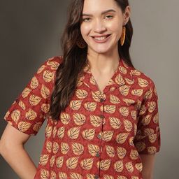 KALINI Women Floral Printed Roll-Up Sleeves Pure Cotton Shirt Style Crop Top-picture-35