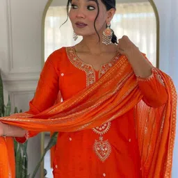 TURITY Women Ethnic Motifs Embroidered Regular Thread Work Kurta with Trousers & With Dupatta image 5