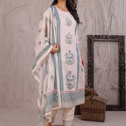 ZARI Women Floral Printed Sequinned Pure Cotton Kurta with Trousers & Dupatta image 1