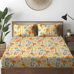 WEAVE AND DECOR Orange Colored Printed Pure Cotton 300 TC Queen Bedsheet Set 2.28 x 2.28 m-image-93