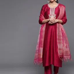 Varanga Women Floral Yoke Design Regular Thread Work Kurta with Trousers & With Dupatta-image-48