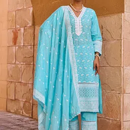 Indo Era Women Ethnic Motifs Embroidered Regular Thread Work Pure Cotton Kurta with Trousers & With Dupatta image 5