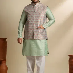SOJANYA PLUS Floral Woven Design Mandarin Collar Straight Kurta & Pyjama With Nehru jacket-picture-15