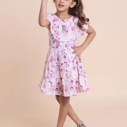 House of Spades Girls Floral Printed Flutter Sleeve Fit & Flare Dress image 1